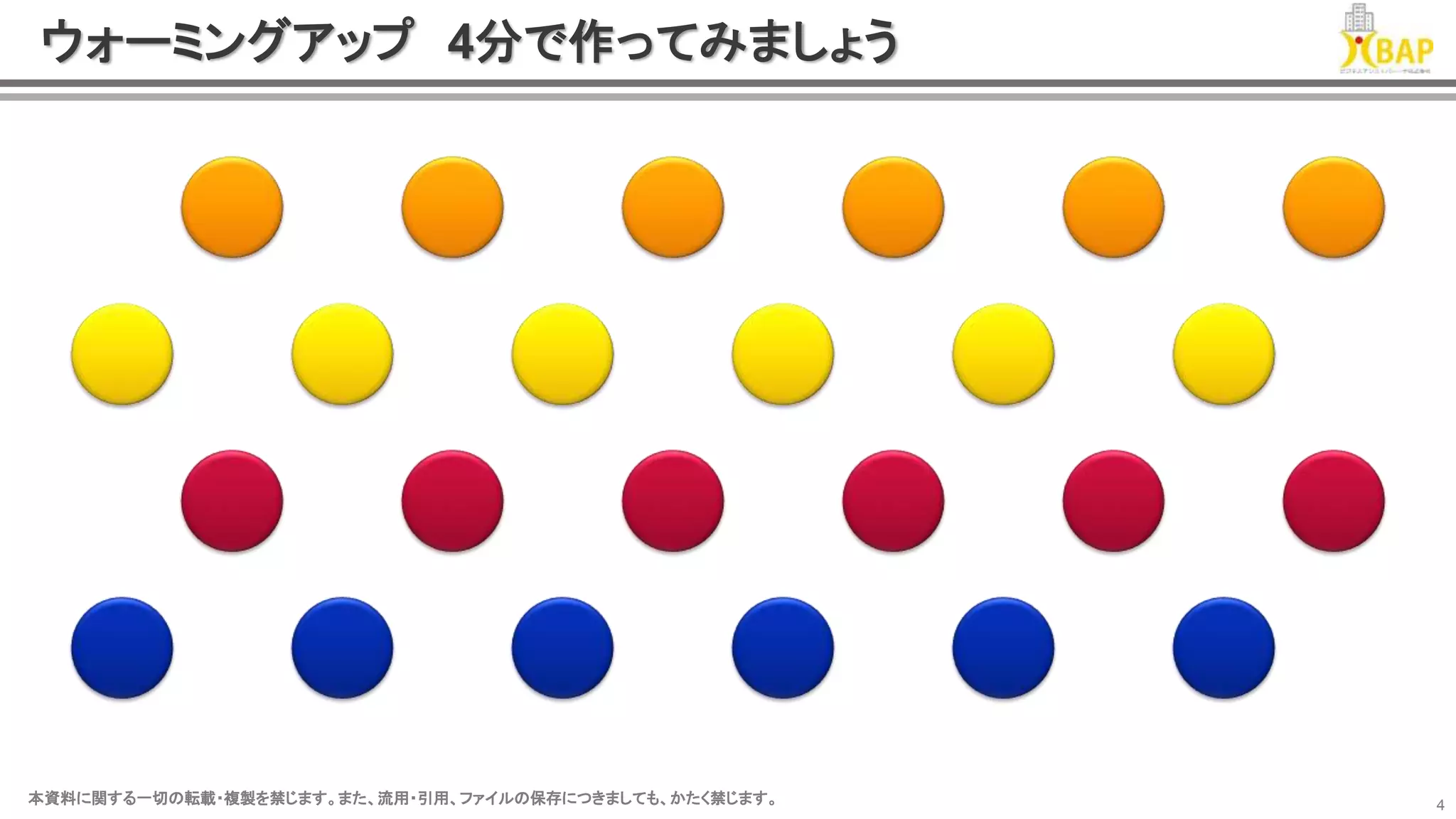 本資料に関する一切の転載・複製を禁じます。また、流用・引用、ファイルの保存につきましても、かたく禁じます。本資料に関する一切の転載・複製を禁じます。また、流用・引用、ファイルの保存につきましても、かたく禁じます。 4
ウォーミングアップ 4分で作ってみましょう
 