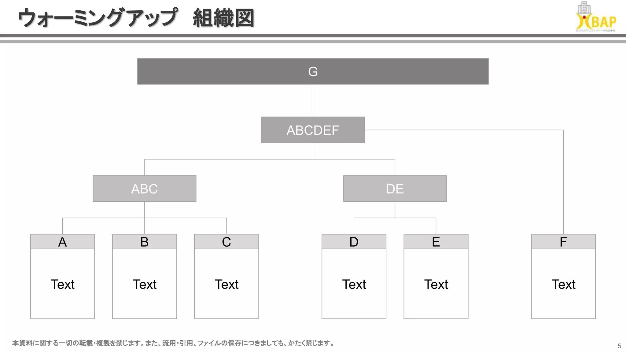 本資料に関する一切の転載・複製を禁じます。また、流用・引用、ファイルの保存につきましても、かたく禁じます。本資料に関する一切の転載・複製を禁じます。また、流用・引用、ファイルの保存につきましても、かたく禁じます。 5
ウォーミングアップ 組織図
G
A
Text
B
Text
C
Text
D
Text
E
Text
F
Text
ABC DE
ABCDEF
 