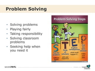 cfchildren.org
Problem Solving
• Solving problems
• Playing fairly
• Taking responsibility
• Solving classroom
problems
• Seeking help when
you need it
 