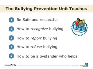 cfchildren.org
Be Safe and respectful
The Bullying Prevention Unit Teaches
How to recognize bullying
How to report bullying
How to be a bystander who helps
How to refuse bullying
1
2
3
4
5
 