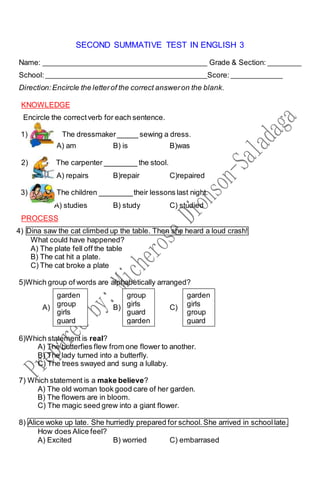 SECOND SUMMATIVE TEST IN ENGLISH 3
Name: Grade & Section:
School: Score:
Direction:Encircle the letterof the correct answeron the blank.
KNOWLEDGE
Encircle the correctverb for each sentence.
1) The dressmaker_____ sewing a dress.
A) am B) is B)was
2) The carpenter ________ the stool.
A) repairs B)repair C)repaired
3) The children ________their lessons last night.
A) studies B) study C) studied
PROCESS
4) Dina saw the cat climbed up the table. Then she heard a loud crash!
What could have happened?
A) The plate fell off the table
B) The cat hit a plate.
C) The cat broke a plate
5)Which group of words are alphabetically arranged?
A) B) C)
6)Which statement is real?
A) The butterfies flew from one flower to another.
B) The lady turned into a butterfly.
C) The trees swayed and sung a lullaby.
7) Which statement is a make believe?
A) The old woman took good care of her garden.
B) The flowers are in bloom.
C) The magic seed grew into a giant flower.
8) Alice woke up late. She hurriedly prepared for school. She arrived in school late.
How does Alice feel?
A) Excited B) worried C) embarrased
garden
group
girls
guard
group
girls
guard
garden
garden
girls
group
guard
 