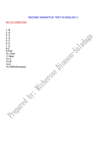 SECOND SUMMATIVE TEST IN ENGLISH 3
KEY TO CORRECTION
1. B
2. A
3. C
4. C
5. C
6. A
7. C.
8.C
9.First
10. Then
11.Next
12. C
13. B
14.A
15-16)Performance
 