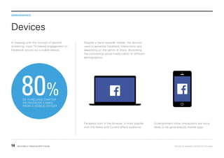 DEMOGRAPHICS

Devices
In keeping with the concept of second
screening, most TV-related engagement on
Facebook occurs via a mobile device.

Despite a trend towards mobile, the devices
used to generate Facebook interactions vary
depending on the genre of show, illustrating
the contrasting social media habits of different
demographics.

80%
OF TV-RELATED CHATTER
ON FACEBOOK COMES
FROM A MOBILE DEVICE*

Facebook.com in the browser is most popular
with the News and Current affairs audience.

14

SecondSync | Watching With Friends

Entertainment show interactions are more
likely to be generated by mobile apps.

*Across all telecasts analysed for this paper

 