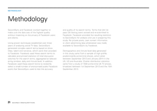 METHODOLOGY

Methodology
SecondSync and Facebook worked together to
make sure the data was of the highest quality
without impacting on the privacy of Facebook users
and clients.
Using proven techniques established over three
years of analysing social TV data, SecondSync
generated complex search terms based on show
titles, talent and narrative, which were then provided
to Facebook. Facebook used these search terms to
calculate anonymised statistics of total discussion
volumes for the search terms, aggregated at telecast
airing window, daily and minute level. In addition,
Facebook used these search terms to randomly
select a small number of anonymised public Facebook
posts that SecondSync used to test the accuracy

21

SecondSync | Watching With Friends

and quality of its search terms. Terms that did not
pass QA testing were revised and re-submitted to
Facebook. Facebook provided the resulting statistics
to SecondSync for analysis and use in preparing this
study. No private posts, user contact information
or client advertising data whatsoever was made
available to SecondSync by Facebook.
Demographics and minute level data generated
in this study came from a sample of high profile,
predominantly prime-time shows, which aired
between September 2013 and January 2014 in the
UK, US and Australia. Chatter distribution statistics
came from a study of 1500 prime-time UK TV shows,
broadcast between 1st September 2013 and the 15th
September 2013.

 
