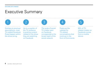 WATCHING WITH FRIENDS

Executive Summary
1
Contrary to previous
assumptions, most
TV-related Facebook
Posts happen within
the show airing.

4

SecondSync | Watching With Friends

2
Up to a quarter of
the TV audience
is posting content
related to the show
they are watching
on Facebook.

3
The scale of social
TV chatter seen
on Facebook
corresponds to the
broad reach of the
social network.

4
Posts are the
catalyst for
TV-related
conversations that
continue in the
form of Comments.

5
80% of TVrelated chatter on
Facebook comes
from a mobile
device.

 