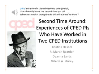 Second Time Around:
Experiences of CPED PIs
Who Have Worked in
Two CPED Institutions
Kristina Hesbol
R. Martin Reardon
Deanna Sands
Valerie A. Storey
Life’s more comfortable the second time you fall,
Like a friendly home the second time you call.
Who can say what brought us to this miracle we've found?
1
 