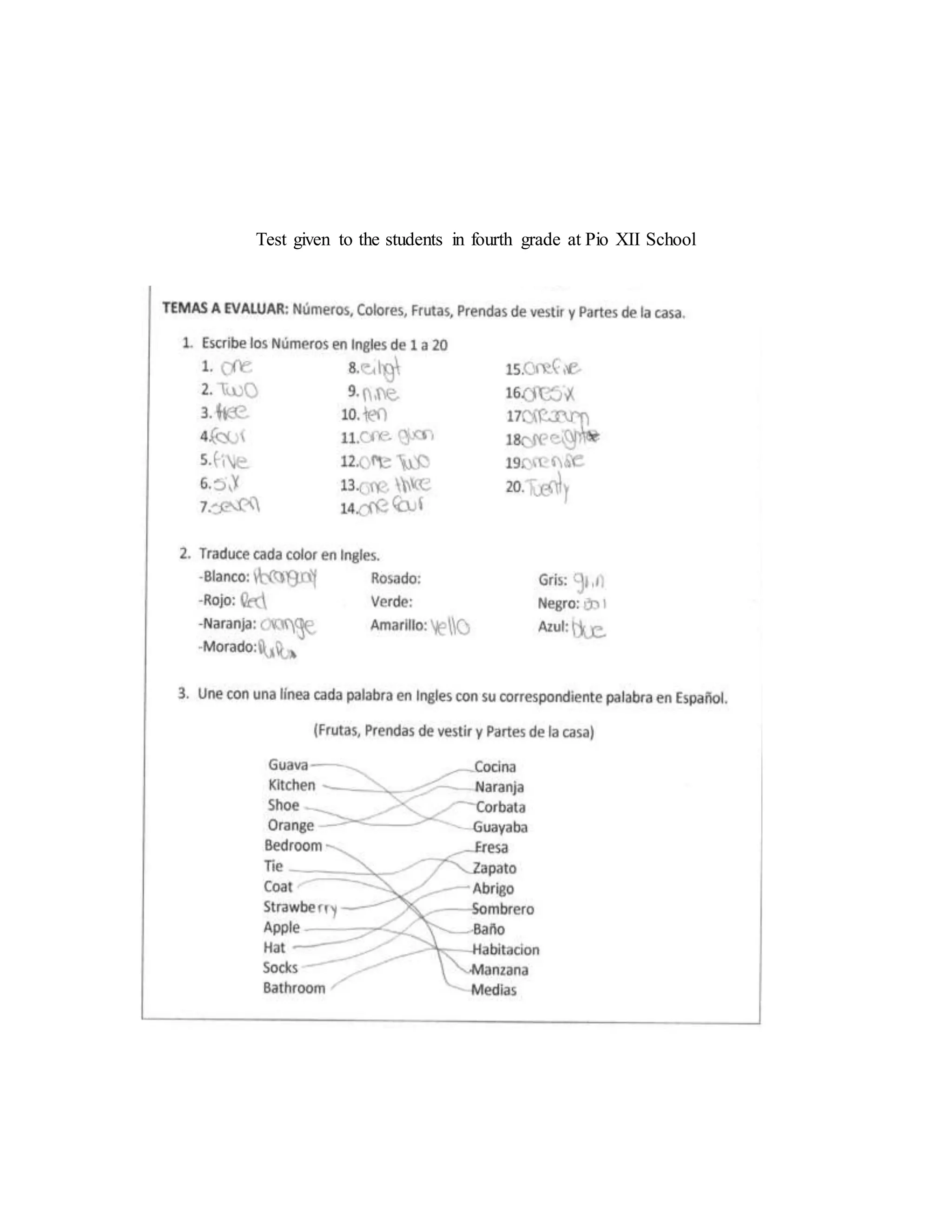 Test given to the students in fourth grade at Pio XII School
 