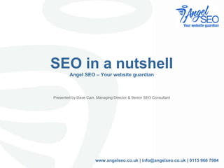 SEO in a nutshell Angel SEO – Your website guardian Presented by Dave Cain, Managing Director & Senior SEO Consultant www.angelseo.co.uk | info@angelseo.co.uk | 0115 966 7984 