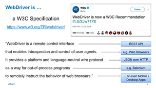5
a W3C Specification
https://www.w3.org/TR/webdriver/
WebDriver is …
“WebDriver is a remote control interface
that enables introspection and control of user agents.
It provides a platform and language-neutral wire protocol
as a way for out-of-process programs
to remotely instruct the behavior of web browsers.”
REST API
e.g. Web Browsers
JSON over HTTP
e.g. Selenium
… or even Mobile /
Desktop Apps
 