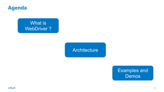 3
Agenda
What is
WebDriver ?
Architecture
Examples and
Demos
 
