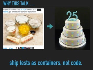 WHY THIS TALK …
ship tests as containers, not code.
 