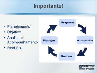 Importante! Planejamento Objetivo Análise e Acompanhamento Revisão 
