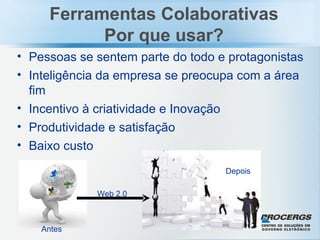 Pessoas se sentem parte do todo e protagonistas Inteligência da empresa se preocupa com a área fim Incentivo à criatividade e Inovação Produtividade e satisfação Baixo custo Ferramentas Colaborativas Por que usar? Antes Depois Web 2.0 