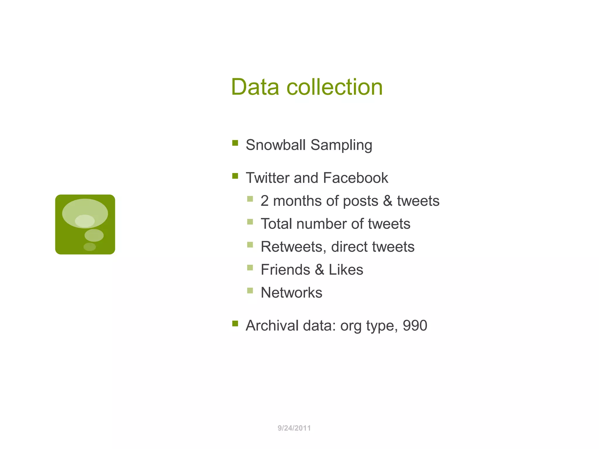 Data collectionSnowball SamplingTwitter and Facebook2 months of posts & tweetsTotal number of tweetsRetweets, direct tweetsFriends & LikesNetworksArchival data: org type, 9909/24/2011