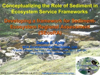 Conceptualizing the Role of Sediment in Ecosystem Service Frameworks   Developing a framework for Sediment-Ecosystem Regional Assessment (SEcoRA) Sabine E. Apitz SEA Environmental Decisions, Ltd. *1 South Cottages, The Ford; Little Hadham, Herts, SG11 2AT, UK;  +44 (0)1279 771890; drsea@cvrl.org Transform information into action… ©SEA Environmental Decisions, Ltd, 2011 
