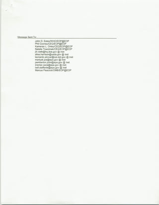 Message Sent To:
               John D. EstesIWHO/EOP@EOP
               Phil Cooney/CEQIEOP@EOP
               Kameran L. Onley/CEQI/EOP@EOP
               Natalie TowcimakICEQIEOP@EOP
              jilk~vieth~hq.doe.gov ~ inet
               alisa~harrison~usda.gov @ inet
               leonardo.alcivar~ost~dot.gov ~ inet
               martyak~joe~epa.gov ~ inet
               pemberton~john~epa.gov ~ inet
               kremer.cece~epa.gov ~ inet
               bell.steffanie~epa.gov ~ inet
                Marcus Peacock/OMBIEOP@EOP
 