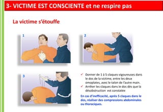  Donner de 1 à 5 claques vigoureuses dans
le dos de la victime, entre les deux
omoplates, avec le talon de l’autre main.
 Arrêter les claques dans le dos dès que la
désobstruction est constatée
En cas d’inefficacité, après 5 claques dans le
dos, réaliser des compressions abdominales
ou thoraciques.
1
3
2
La victime s’étouffe
3- VICTIME EST CONSCIENTE et ne respire pas
 