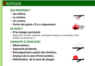 QUI PROTÉGER ?
 Soi-même,
 La victime,
 Les autres,
 Porter des gants s’il y a saignement.
DE QUOI ?
 D’un danger persistant
(électricité, incendie, explosion, atmosphère toxique ou irrespirable, chute
d’objets, de personnes…)
CONDUITE À TENIR (CAT)
 Observations,
 Approche prudente,
 Renseignement auprès des témoins,
 Analyse de la zone d’intervention,
 Délimitation de la zone de danger.
PROTÉGER
 