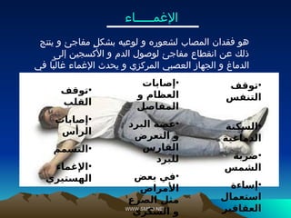 WWW.SMSO.NET
WWW.SMSO.NET
‫اإلغمـــــاء‬
‫ينتج‬ ‫و‬ ‫مفاجئ‬ ٍ‫ل‬‫بشك‬ ‫لوعيه‬ ‫و‬ ‫لشعوره‬ ‫المصاب‬ ‫فقدان‬ ‫هو‬
‫إلى‬ ‫األكسجين‬ ‫و‬ ‫الدم‬ ‫لوصول‬ ‫مفاجئ‬ ‫انقطاع‬ ‫عن‬ ‫ذلك‬
‫في‬ ‫غالبًا‬ ‫اإلغماء‬ ‫يحدث‬ ‫و‬ ‫المركزي‬ ‫العصبي‬ ‫الجهاز‬ ‫و‬ ‫الدماغ‬
:‫التالية‬ ‫الحاالت‬
•
‫توقف‬
‫التنفس‬
•
‫السكتة‬
‫الدماغية‬
•
‫ضربة‬
‫الشمس‬
•
‫إساءة‬
‫استعمال‬
‫العقاقير‬
•
‫إصابات‬
‫و‬ ‫العظام‬
‫المفاصل‬
•
‫البرد‬ ‫عضة‬
‫التعرض‬ ‫و‬
‫القارس‬
‫للبرد‬
•
‫بعض‬ ‫في‬
‫األمراض‬
‫الصرع‬ ‫مثل‬
‫السكري‬ ‫و‬
•
‫توقف‬
‫القلب‬
•
‫إصابات‬
‫الرأس‬
•
‫التسمم‬
•
‫اإلغماء‬
‫الهستيري‬
 