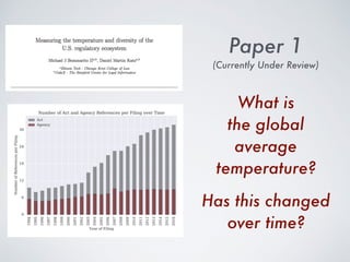 Paper 1
(Currently Under Review)
M. Bommarito., D. Katz,
Measuring the Temperature
and Diversity of the U.S.
Regulatory Ecosystem (2016)
V available at
https://arxiv.org/pdf/1612.09244.pdf
https://papers.ssrn.com/sol3/papers2.cfm?abstract_id=2891494
2
 