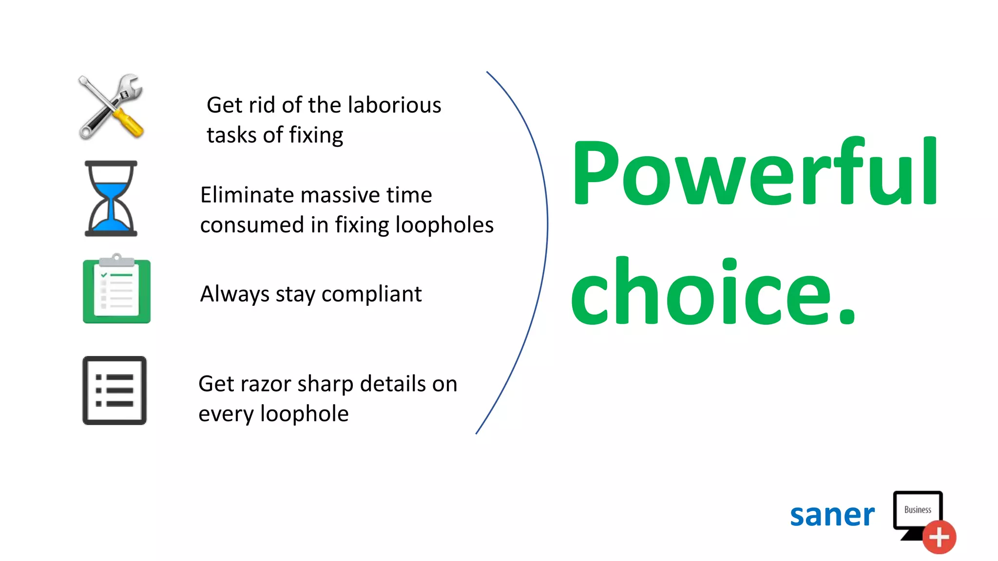 Eliminate massive time
consumed in fixing loopholes
Get rid of the laborious
tasks of fixing
Always stay compliant
Get razor sharp details on
every loophole
Powerful
choice.
saner
 