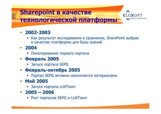 Sharepoint в качестве 
технологическойй платфформы 
 2002-2003 
 Как результат исследования и сравнения, SharePoint выбр...