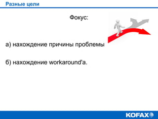 Разные цели

Фокус:

а) нахождение причины проблемы
б) нахождение workaround'a.

 
