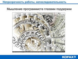 Непрозрачность работы, непоследовательность

Мышление программиста глазами поддержки

 