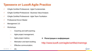 www.luxoft.com
Тренинги от Luxoft Agile Practice
 ICAgile Certified Professional - Agile Fundamentals
 ICAgile Certified Professional - Business Value Analysis
 ICAgile Certified Professional - Agile Team Facilitation
 Professional Scrum Master
 Management 3.0
 Workshops:
• Coaching and self-coaching;
• Agile project management;
• Agile project metrics;
• Motivation and team-building;
• Effective communication;
• etc.
 Регистрации и информация
http://www.luxoft.com/agile/certified-trainings
 