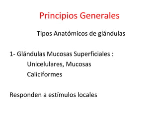 Principios Generales
Tipos Anatómicos de glándulas
1- Glándulas Mucosas Superficiales :
Unicelulares, Mucosas
Caliciformes
Responden a estímulos locales
 