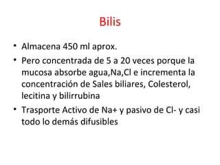 Bilis
• Almacena 450 ml aprox.
• Pero concentrada de 5 a 20 veces porque la
mucosa absorbe agua,Na,Cl e incrementa la
concentración de Sales biliares, Colesterol,
lecitina y bilirrubina
• Trasporte Activo de Na+ y pasivo de Cl- y casi
todo lo demás difusibles
 