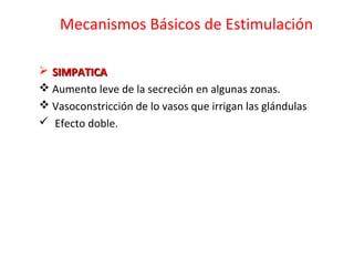  SIMPATICASIMPATICA
 Aumento leve de la secreción en algunas zonas.
 Vasoconstricción de lo vasos que irrigan las glándulas
 Efecto doble.
Mecanismos Básicos de Estimulación
 