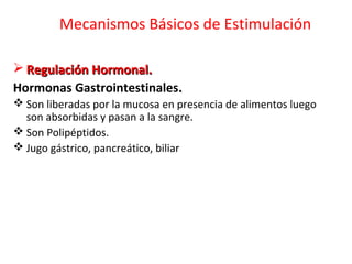  Regulación Hormonal.Regulación Hormonal.
Hormonas Gastrointestinales..
 Son liberadas por la mucosa en presencia de alimentos luego
son absorbidas y pasan a la sangre.
 Son Polipéptidos.
 Jugo gástrico, pancreático, biliar
Mecanismos Básicos de Estimulación
 