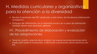 H. Medidas curriculares y organizativas 
para la atención a la diversidad 
 Revisar el apartado del PEC dedicado a este tema, ahí tendremos información 
al respecto. 
 El Equipo de Orientación, en su memoria anual o en su plan de orientación 
también tienen este apartado definido. 
H1. Procedimiento de elaboración y evaluación 
de las adaptaciones. 
 Tener en cuenta, además de lo anterior, las nuevas recomendaciones de la 
Inspección sobre la evaluación, calificación y promoción de los alumnos con 
PTI. 
 