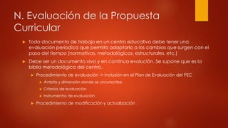 N. Evaluación de la Propuesta 
Curricular 
 Todo documento de trabajo en un centro educativo debe tener una 
evaluación períodica que permita adaptarlo a los cambios que surgen con el 
paso del tiempo (normativos, metodológicos, estructurales, etc.) 
 Debe ser un documento vivo y en continua evolución. Se supone que es la 
biblia metodológica del centro. 
 Procedimiento de evaluación -> inclusión en el Plan de Evaluación del PEC 
 Ámbito y dimensión donde se circunscribe 
 Criterios de evaluación 
 Instrumentos de evaluación 
 Procedimiento de modificación y actualización 
 