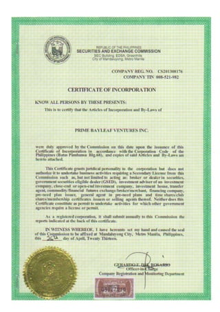 Securities And Exchange Commission Certificate Of Registration