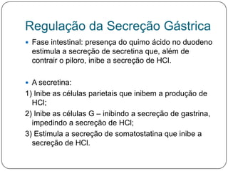 Regulação da Secreção Gástrica
 Fase intestinal: presença do quimo ácido no duodeno
  estimula a secreção de secretina que, além de
  contrair o piloro, inibe a secreção de HCl.

 A secretina:
1) Inibe as células parietais que inibem a produção de
  HCl;
2) Inibe as células G – inibindo a secreção de gastrina,
  impedindo a secreção de HCl;
3) Estimula a secreção de somatostatina que inibe a
  secreção de HCl.
 