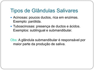Tipos de Glândulas Salivares
 Acinosas: poucos ductos, rica em enzimas.
  Exemplo: parótida.
 Tuboacinosas: presença de ductos e ácidos.
  Exemplos: sublingual e submandibular.

Obs: A glândula submandibular é responsável por
 maior parte da produção de saliva.
 