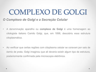 COMPLEXO DE GOLGI
O Complexo de Golgi e a Secreção Celular
• A denominação aparelho ou complexo de Golgi é uma homenagem a...