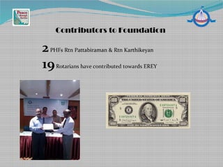 Contributors to Foundation
2PHFs Rtn Pattabiraman & Rtn Karthikeyan
19Rotarians have contributed towards EREY
 