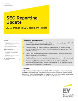 What you need to know
• Non-GAAP financial measures topped our list of the most frequent topics in SEC staff
comment letters for the year ended 30 June 2017.
• Emerging topics of SEC staff focus include how companies are applying the new
revenue recognition standard as well as what they are disclosing about cyber risks
and cyber incidents.
• The SEC staff also frequently comments on management’s discussion and analysis,
segment reporting and income taxes.
• The SEC staff issued fewer comment letters this year, continuing the trend of recent years.
• Understanding SEC staff comments and trends, as well as best practices for
responding to comment letters, can help companies plan for the year-end reporting
season and manage the staff review process.
Overview
The Securities and Exchange Commission (SEC) staff’s ongoing focus on companies’ use of
non-GAAP financial measures was the most significant trend in our study of staff comment
letters. In the year ended 30 June 2017, companies’ use of non-GAAP measures topped our
list of most frequent topics in staff comment letters for the first time.
No. 2017-01
25 September 2017
SEC Reporting
Update
2017 trends in SEC comment letters
In this issue:
Overview ....................................... 1
Focus on non-GAAP financial
measures................................. 2
Emerging areas of focus ................ 4
New accounting standards........... 4
Cybersecurity.............................. 4
General observations..................... 5
Other comment areas.................... 7
Management’s discussion and
analysis.................................... 7
Income taxes............................... 8
Segment reporting ...................... 9
SEC comment letter best
practices .................................. 11
 