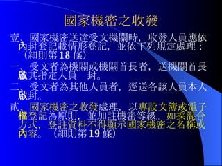 國家機密之收發 壹、國家機密送達受文機關時，收發人員應依內封套記載情形登記，並依下列規定處理：（細則第 18 條） 一、受文者為機關或機關首長者，送機關首長或其指定人員啟封。 二、受文者為其他人員者，逕送各該人員本人啟封。 貳、 國家機密之收發 處理，以 專設文簿或電子檔登記 為原則，並加註機密等級。 如採混合方式，登註資料不得顯示國家機密之名稱或內容 。（細則第 19 條） 