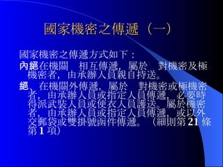 國家機密之傳遞（一） 國家機密之傳遞方式如下： 一、在機關內相互傳遞，屬於絕對機密及極機密者，由承辦人員親自持送。 二、在機關外傳遞，屬於絕對機密或極機密者，由承辦人員或指定人員傳遞，必要時得派武裝人員或便衣人員護送。屬於機密者，由承辦人員或指定人員傳遞，或以外交郵袋或雙掛號函件傳遞。（細則第 21 條第 1 項） 