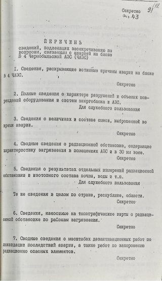 Перечень сведений, подлежащих засекречиванию по вопросам, связанным с аварией на блоке № 4 Чернобыльской АЭС от 08.07.1986