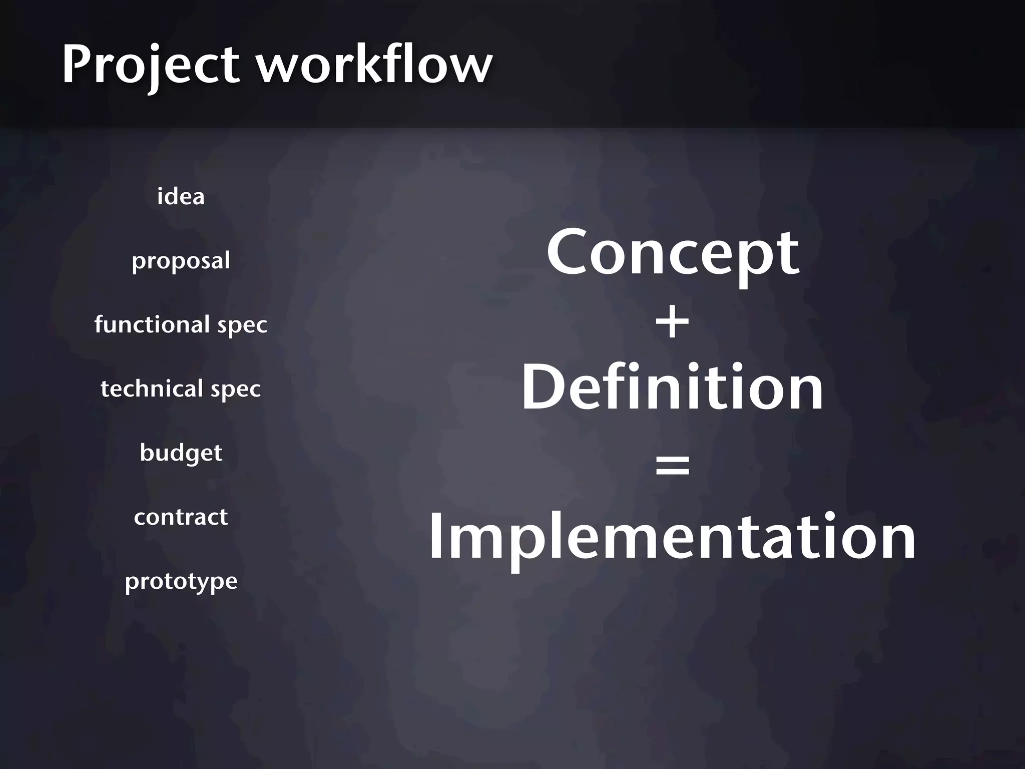 Project workflow

      idea

    proposal          Concept
 functional spec         +
 technical spec      Definition
    budget
                         =
                   Implementation
    contract

   prototype
 