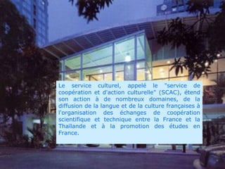 Le service culturel, appelé le "service de
coopération et d'action culturelle" (SCAC), étend
son action à de nombreux domaines, de la
diffusion de la langue et de la culture françaises à
l'organisation des échanges de coopération
scientifique et technique entre la France et la
Thaïlande et à la promotion des études en
France.

 