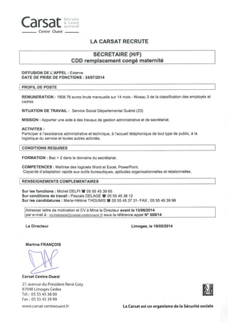 Secrétaire CDD département 23 ref: 009-14