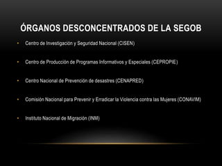 ÓRGANOS DESCONCENTRADOS DE LA SEGOB
• Centro de Investigación y Seguridad Nacional (CISEN)
• Centro de Producción de Programas Informativos y Especiales (CEPROPIE)
• Centro Nacional de Prevención de desastres (CENAPRED)
• Comisión Nacional para Prevenir y Erradicar la Violencia contra las Mujeres (CONAVIM)
• Instituto Nacional de Migración (INM)
 