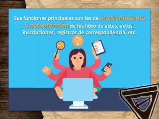 Sus funciones principales son las de mantenimiento
y actualización de los libro de actas, actos,
inscripciones, registros de correspondencia, etc.
 