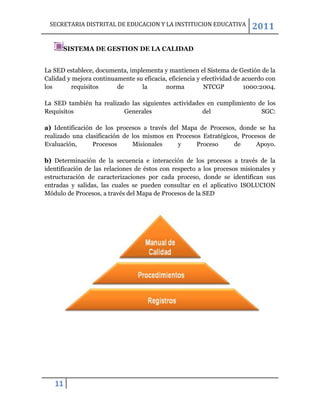 SECRETARIA DISTRITAL DE EDUCACION Y LA INSTITUCION EDUCATIVA             2011

      SISTEMA DE GESTION DE LA CALIDAD


La SED establece, documenta, implementa y mantienen el Sistema de Gestión de la
Calidad y mejora continuamente su eficacia, eficiencia y efectividad de acuerdo con
los      requisitos      de      la       norma           NTCGP         1000:2004.

La SED también ha realizado las siguientes actividades en cumplimiento de los
Requisitos               Generales                   del                SGC:

a) Identificación de los procesos a través del Mapa de Procesos, donde se ha
realizado una clasificación de los mismos en Procesos Estratégicos, Procesos de
Evaluación,      Procesos      Misionales     y     Proceso      de      Apoyo.

b) Determinación de la secuencia e interacción de los procesos a través de la
identificación de las relaciones de éstos con respecto a los procesos misionales y
estructuración de caracterizaciones por cada proceso, donde se identifican sus
entradas y salidas, las cuales se pueden consultar en el aplicativo ISOLUCION
Módulo de Procesos, a través del Mapa de Procesos de la SED




   11
 